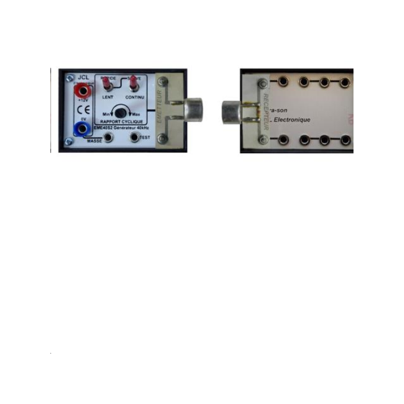 Générateur de salve et continu 40kHz avec son module émetteur enfichable et un boîtier avec un module récepteur.